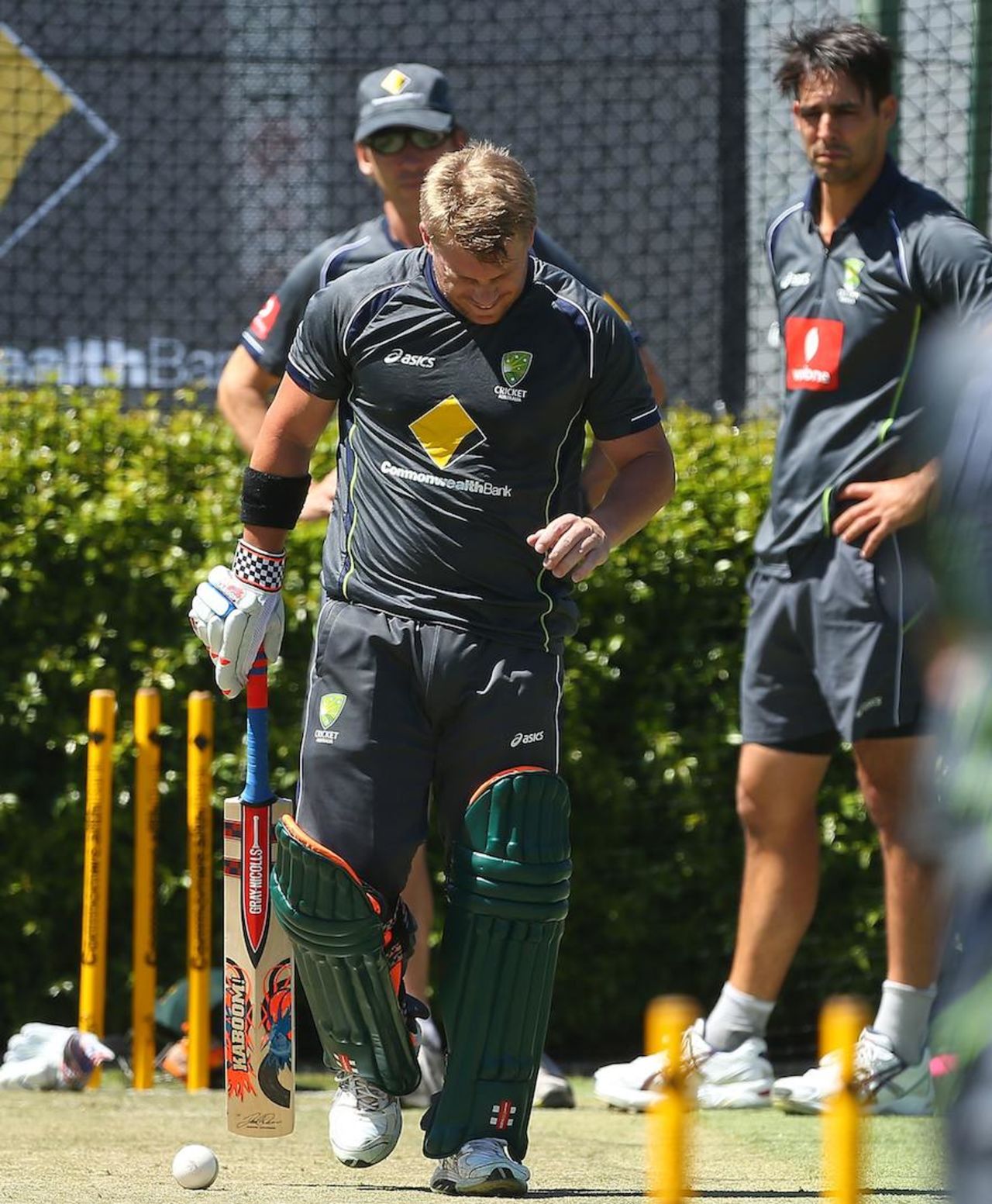 David Warner fractured his thumb after getting hit by Mitchell Johnson while batting during a net session, Perth, January 30, 2013