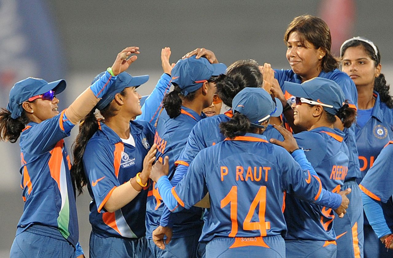 India celebrate after Kycia Knight is run out, India v West Indies, Women's World Cup 2013, Group A, Mumbai, January 31, 2013
