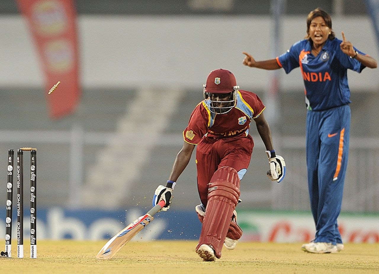 West Indies' Kycia Knight falls short of making the crease, India v West Indies, Women's World Cup 2013, Group A, Mumbai, January 31, 2013