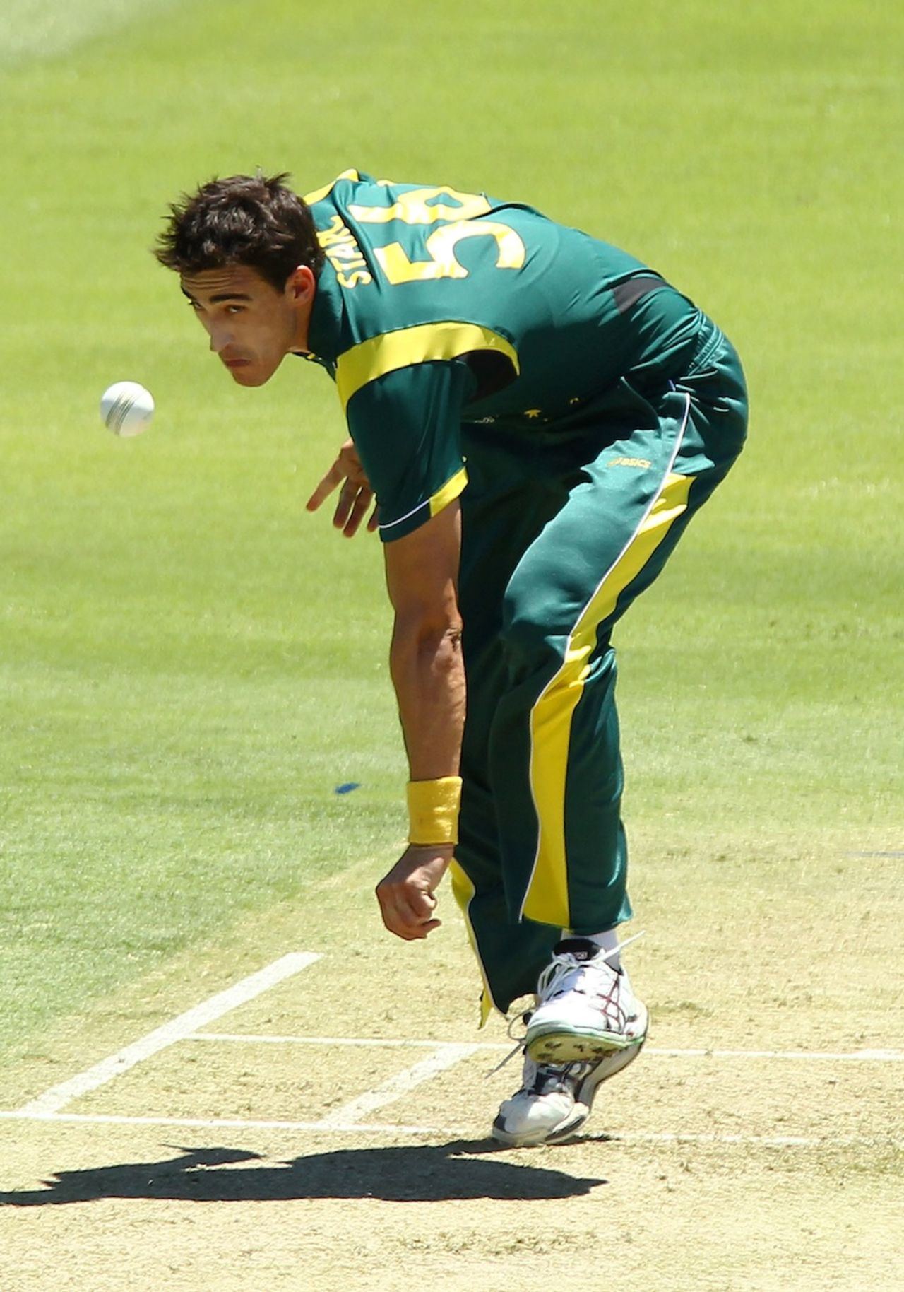Mitchell Starc in follow-through, Australia v West Indies, 1st ODI, Perth, February 1, 2013