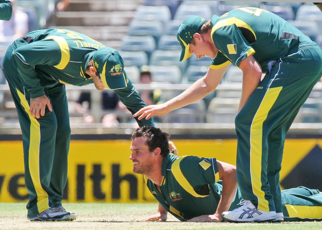 Clint McKay gets a pat on his back after getting Darren Sammy's wicket, Australia v West Indies, 1st ODI, Perth, February 1, 2013