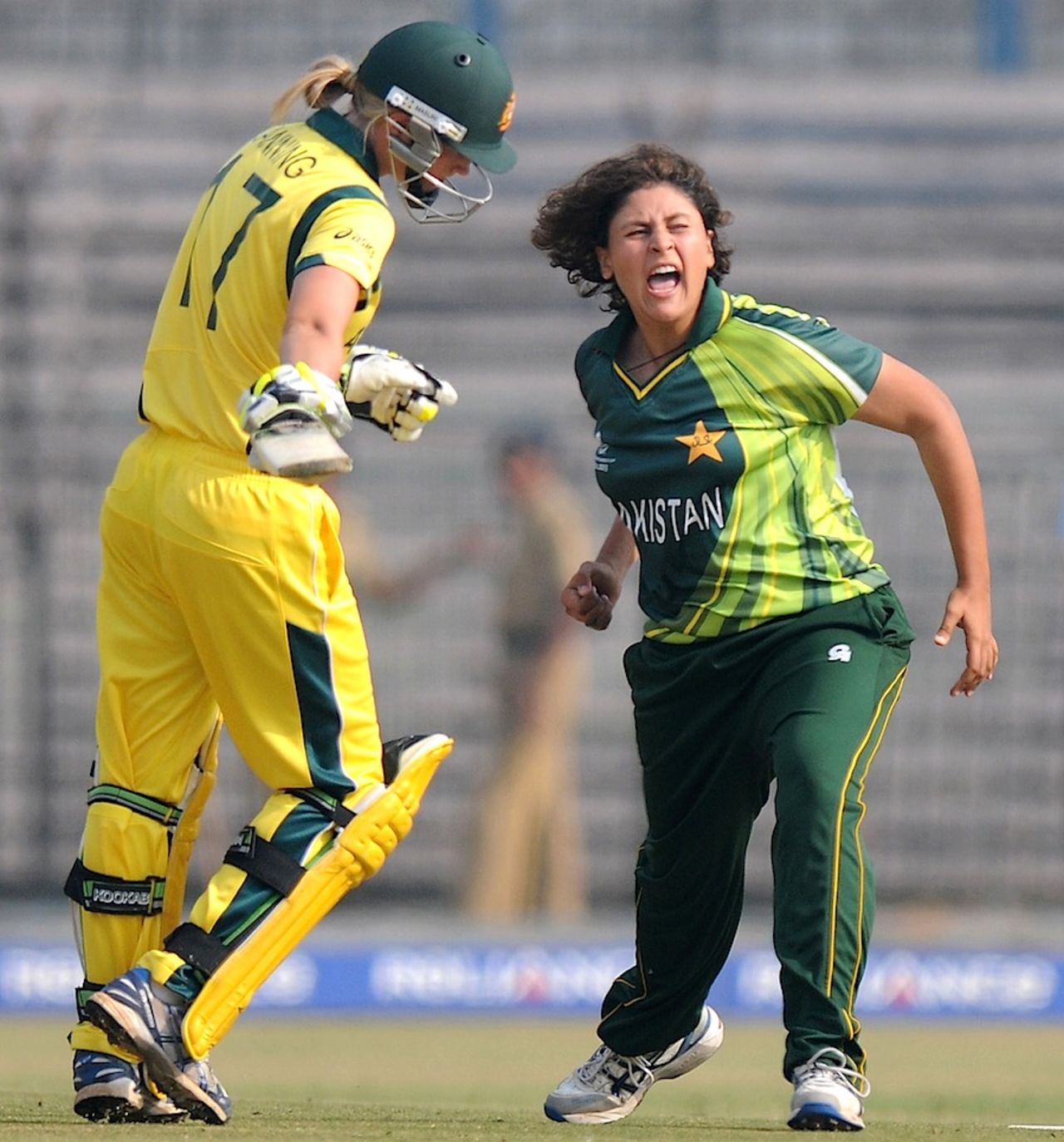Sumaiya Siddiqi erupts after picking up the wicket of Meg Lanning, Australia v Pakistan. Women's World Cup 2013, Group B, Cuttack, February 1, 2013