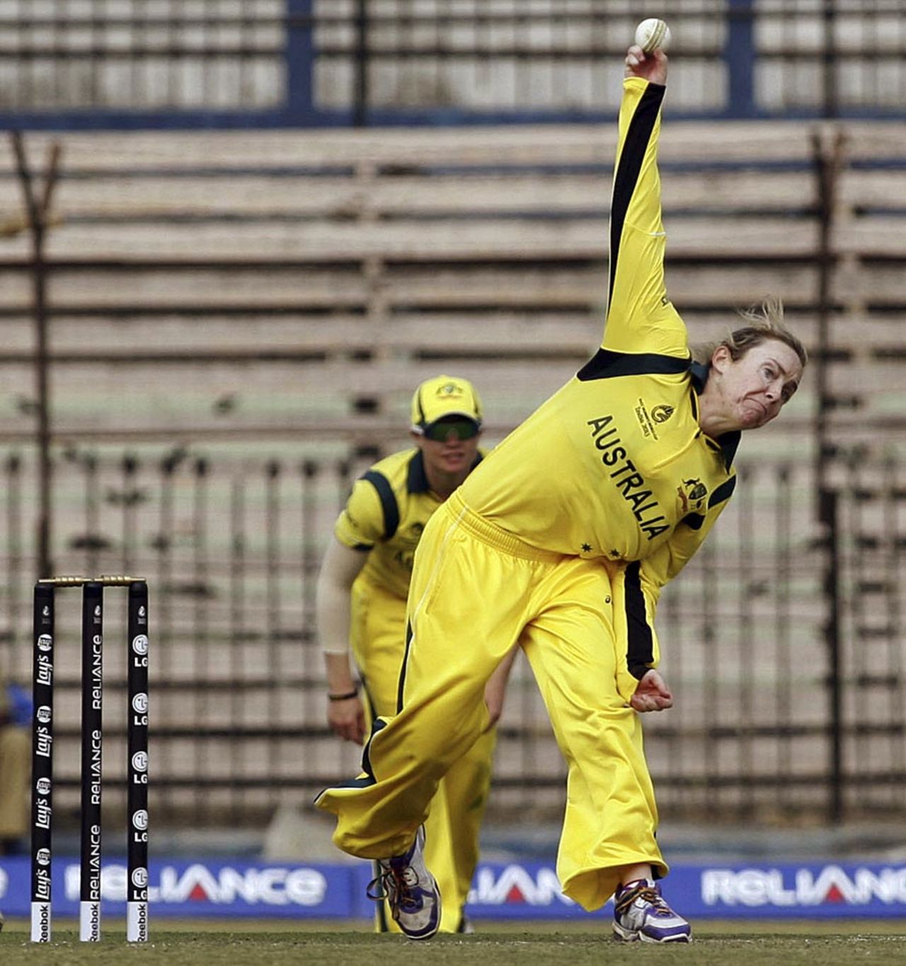 Sarah Coyte was Australia's most productive bowler, with 3 for 20 off her ten overs, Australia v Pakistan, Women's World Cup 2013, Group B, Cuttack, February 1, 2013