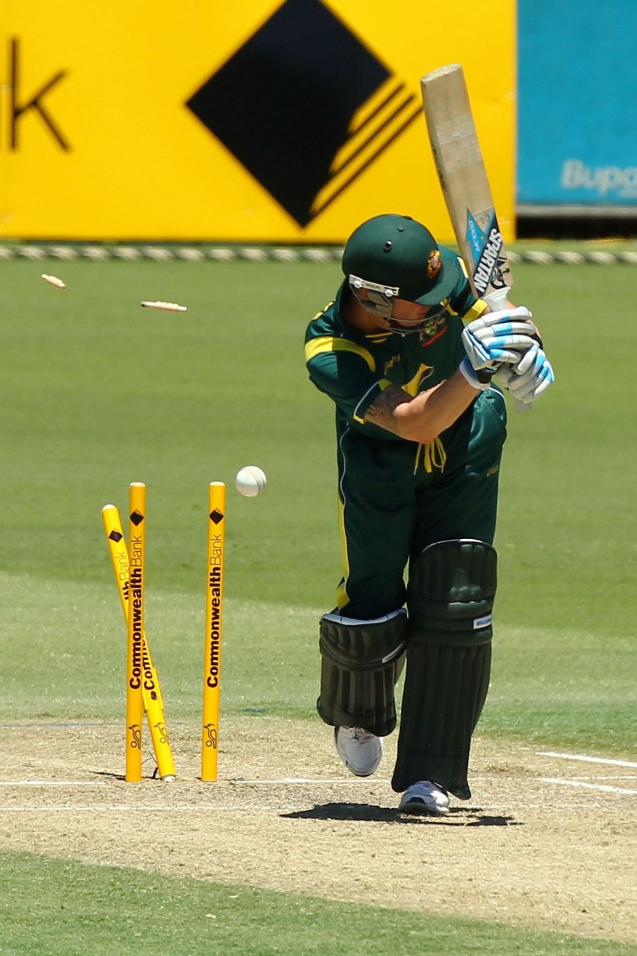 Michael Clarke's middle stump is knocked back, Australia v West Indies, 2nd ODI, Perth, February 3, 2013
