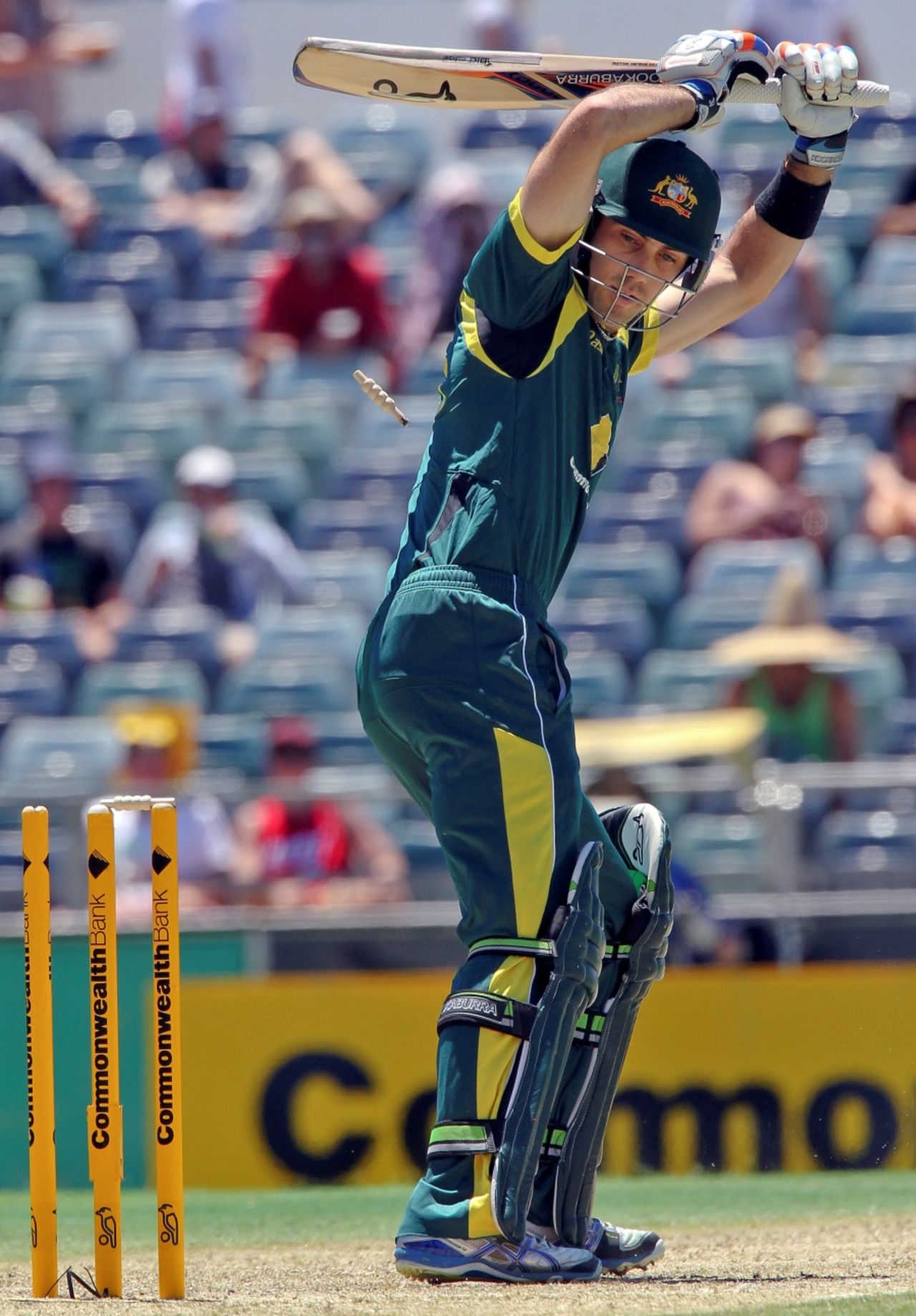 Glenn Maxwell is bowled, Australia v West Indies, 2nd ODI, Perth, February 3, 2013