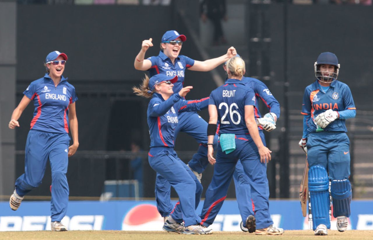 Katherine Brunt celebrates taking the wicket of Mithali Raj, India v England, Women's World Cup 2013, Group A, Mumbai, February 3, 2013