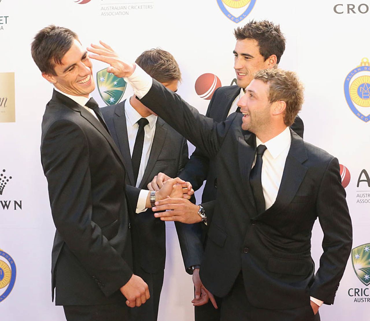 Phillip Hughes, Pat Cummins and Mitchell Starc at the Allan Border Medal awards ceremony, Melbourne, February 4, 2013