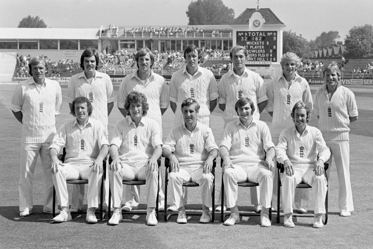 The England squad for the first Test (back row, l-r) Clive Radley, Geoff Miller, Ian Botham, Mike Hendrick, Phil Edmonds, David Gower, Barry Wood; (front row, l-r) Graham Roope, Bob Willis, Mike Brearley, Chris Old, Bob Taylor, England v Pakistan, 1st Test, Leeds, June 6, 1978