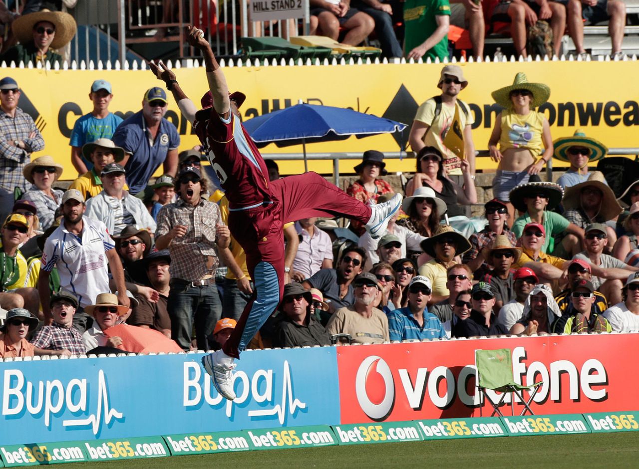 Kieron Pollard caught Glenn Maxwell spectacularly at deep square leg, Australia v West Indies, 3rd ODI, Canberra, February 6, 2013