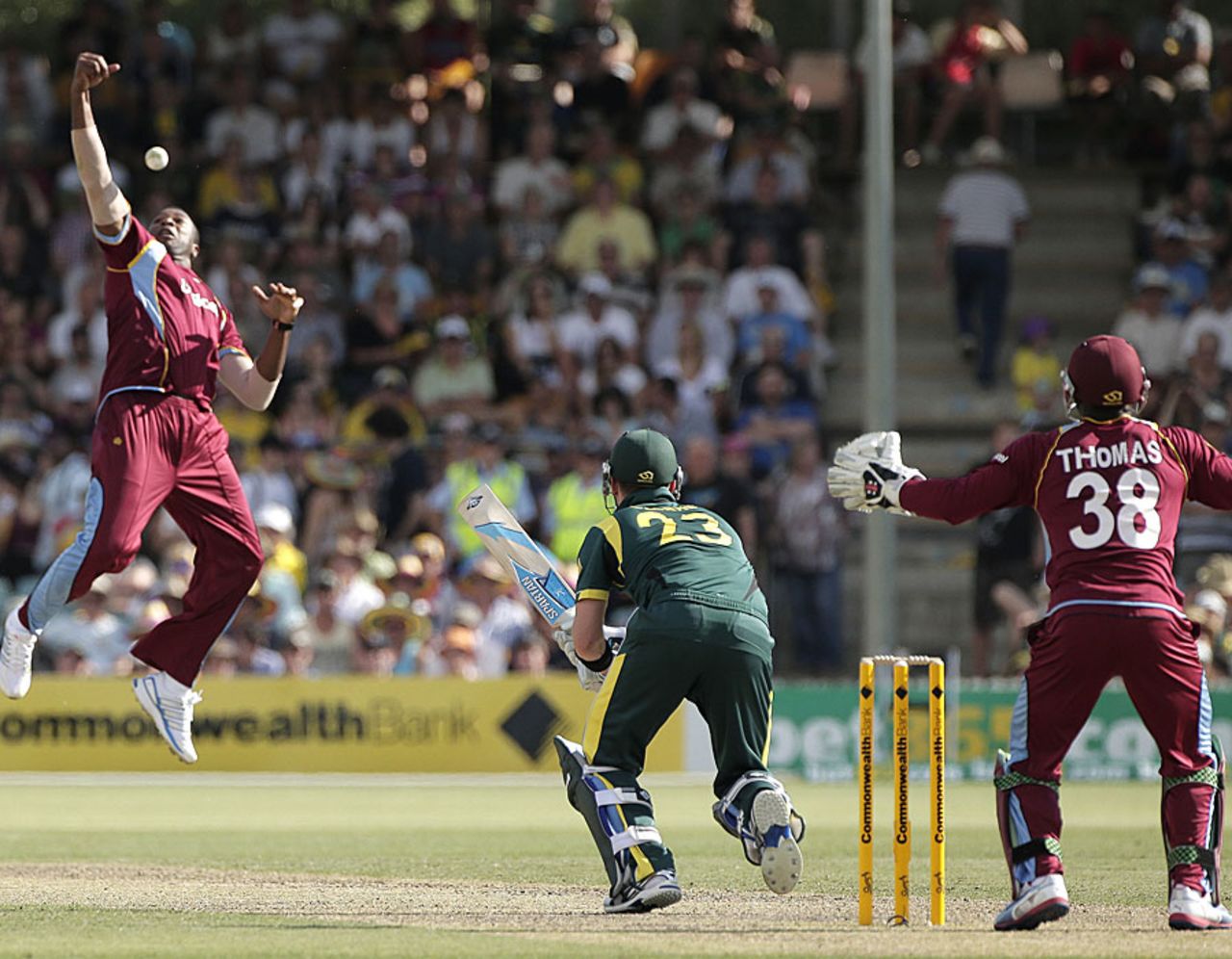 Kieron Pollard takes a return catch to dismiss Michael Clarke, Australia v West Indies, 3rd ODI, Canberra, February 6, 2013