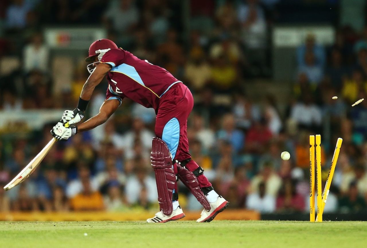 Dwayne Bravo is bowled by Mitchell Starc for 51, Australia v West Indies, 3rd ODI, Canberra, February 6, 2013