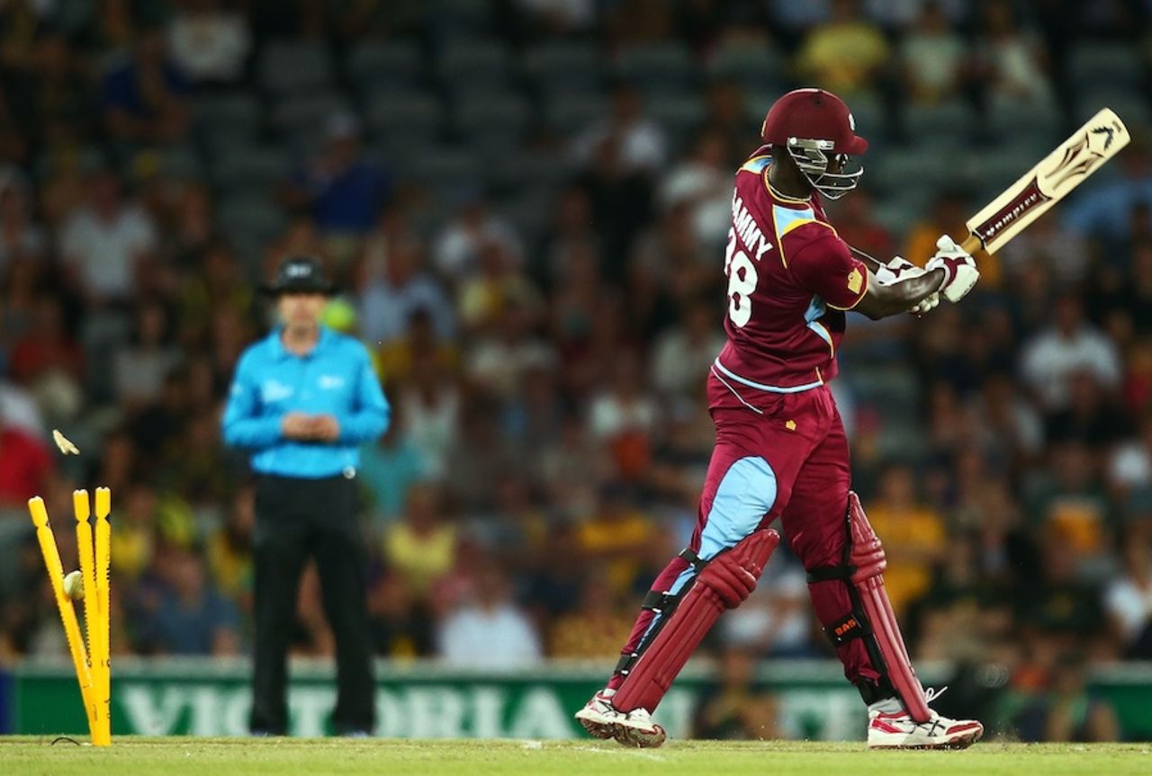 Darren Sammy is bowled for 8, Australia v West Indies, 3rd ODI, Canberra, February 6, 2013