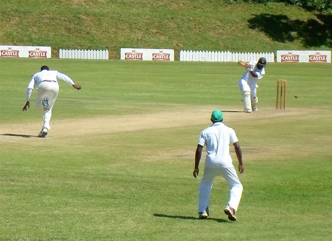 Prince Masvaure misses a drive, Mountaineers v Southern Rocks, Logan Cup, 4th day,  Mutare, February 8, 2013