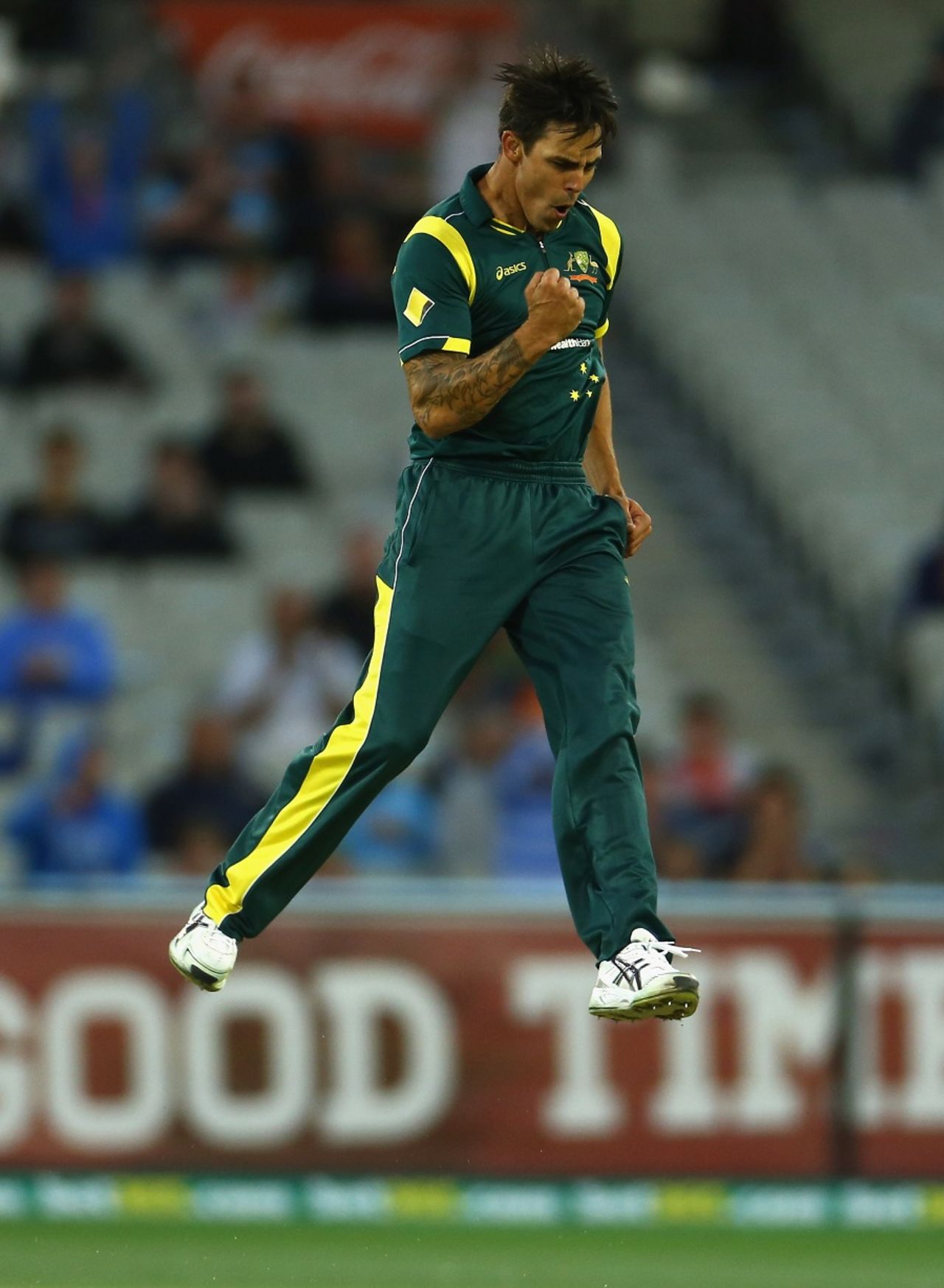 Mitchell Johnson is pumped up after taking a wicket, Australia v West Indies, 5th ODI, Melbourne, February 10, 2013