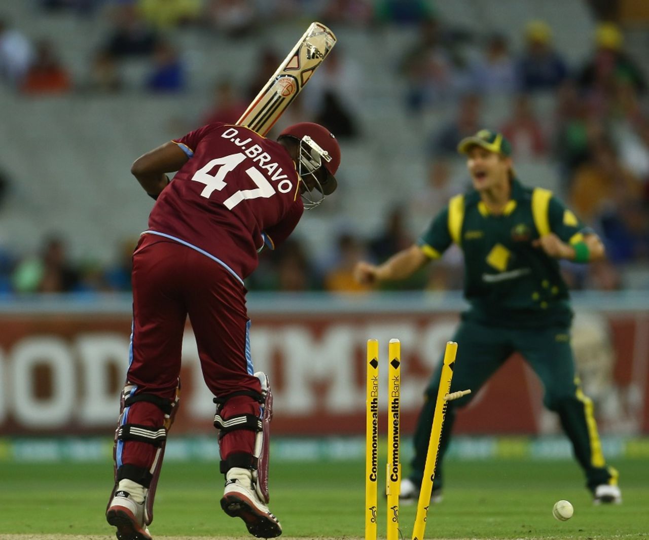 Dwayne Bravo is bowled by Mitchell Johnson, Australia v West Indies, 5th ODI, Melbourne, February 10, 2013