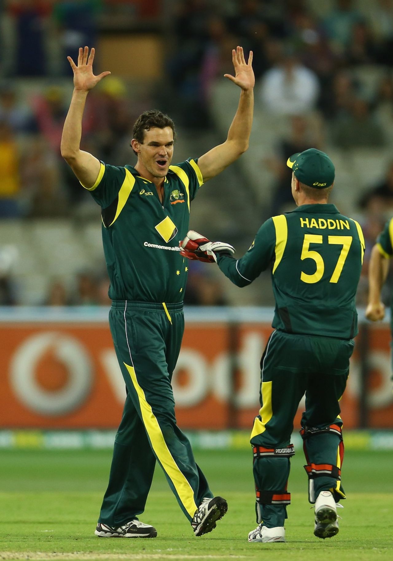 Clint McKay and Brad Haddin celebrate a dismissal, Australia v West Indies, 5th ODI, Melbourne, February 10, 2013
