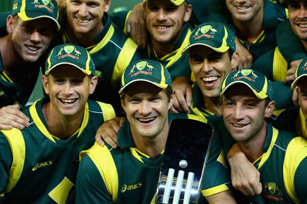 The Australian team poses with the trophy after winning the series 5-0, Australia v West Indies, 5th ODI, Melbourne, February 10, 2013