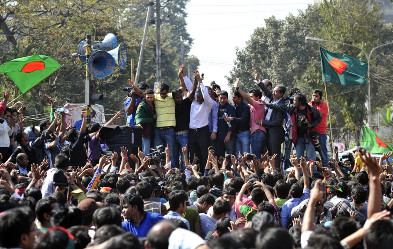 Some of Bangladesh's top cricketers attended a protest rally at the Shahbagh intersection, Dhaka, February 10, 2013