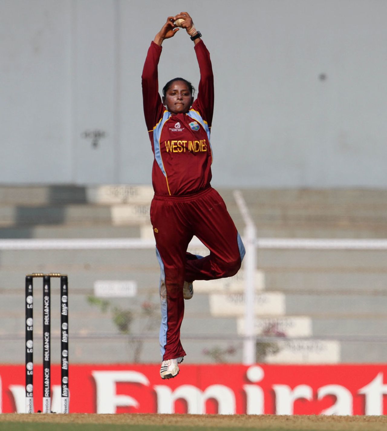Anisa Mohammed's distinctive jump at the start of her run-up, New Zealand v West Indies, Super Six match, Women's World Cup 2013, Mumbai,  February 11, 2013