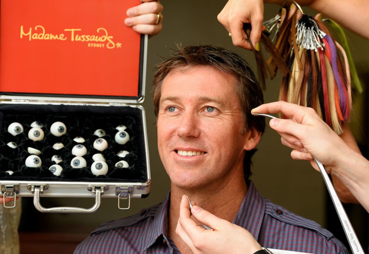 Glenn McGrath has measurements taken by a team from Madame Tussauds. McGrath's figure will go on display alongside Shane Warne at Madame Tussauds wax museum in Sydney, February 13, 2013