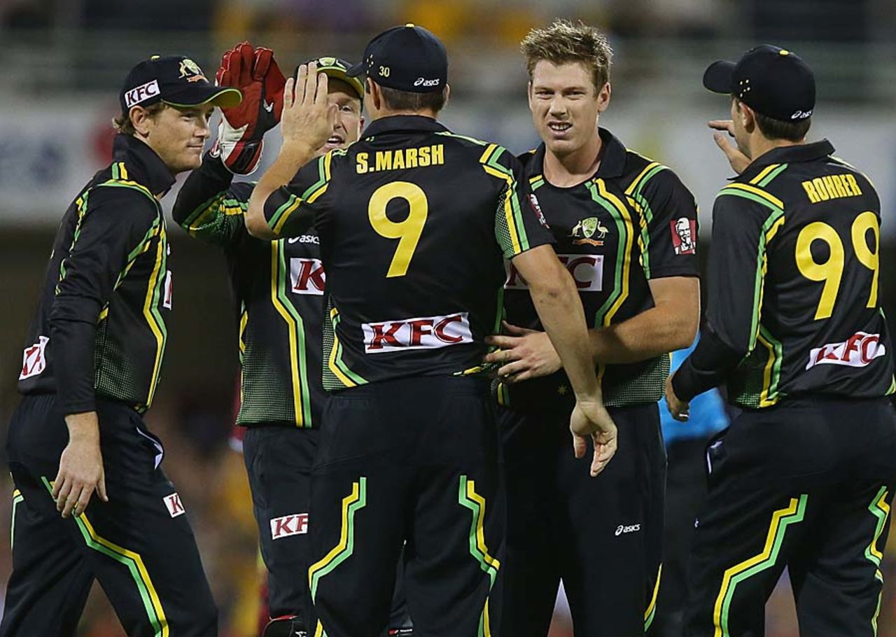 James Faulkner took three wickets, Australia v West Indies, only Twenty20, Brisbane, February 13, 2013