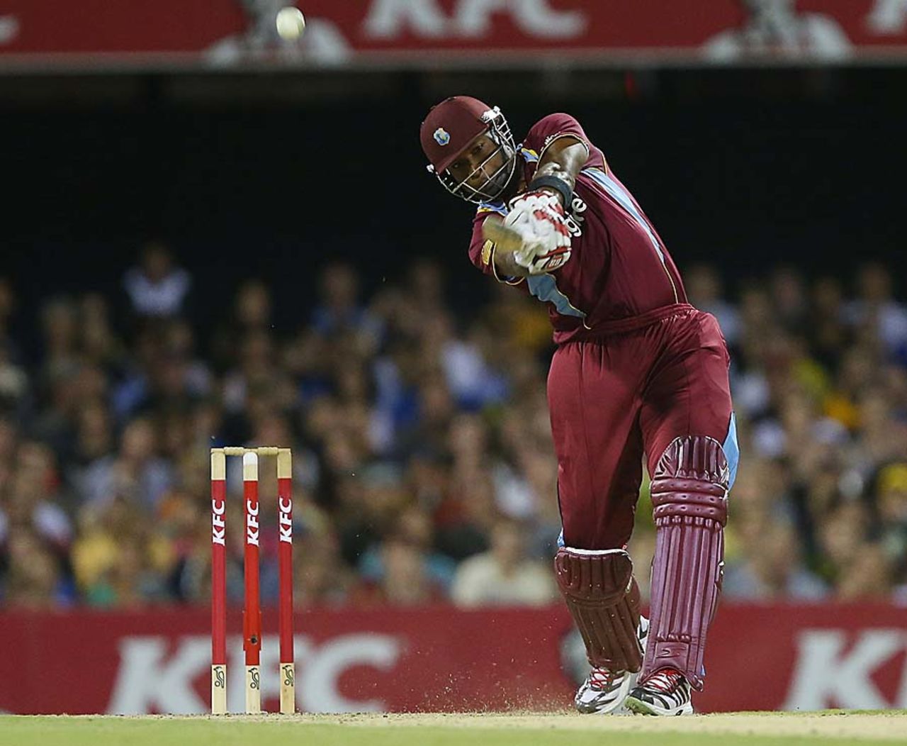 Kieron Pollard goes for a big hit, Australia v West Indies, only Twenty20, Brisbane, February 13, 2013