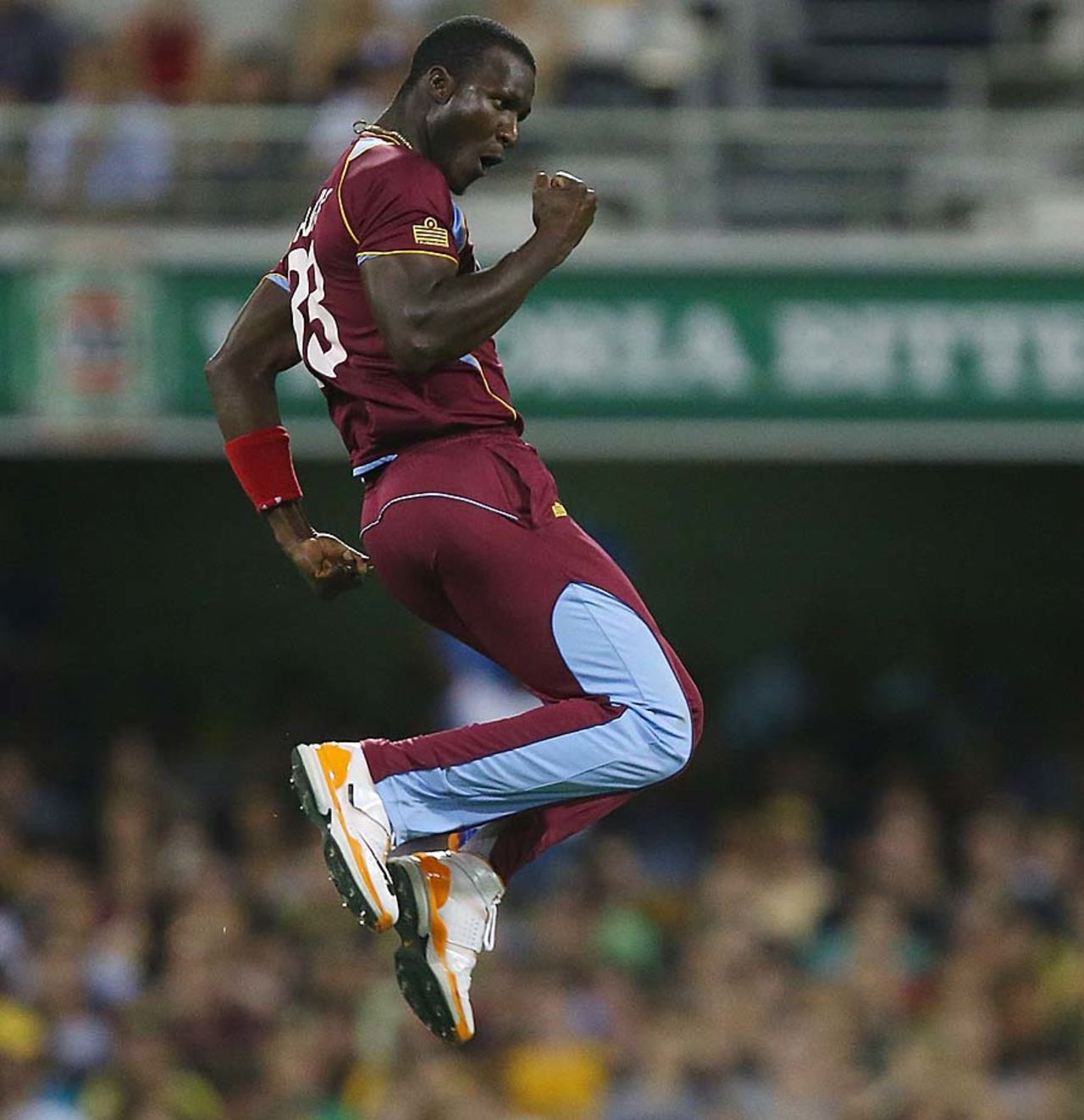 Darren Sammy jumps in delight after dismissing Aaron Finch, Australia v West Indies, only Twenty20, Brisbane, February 13, 2013