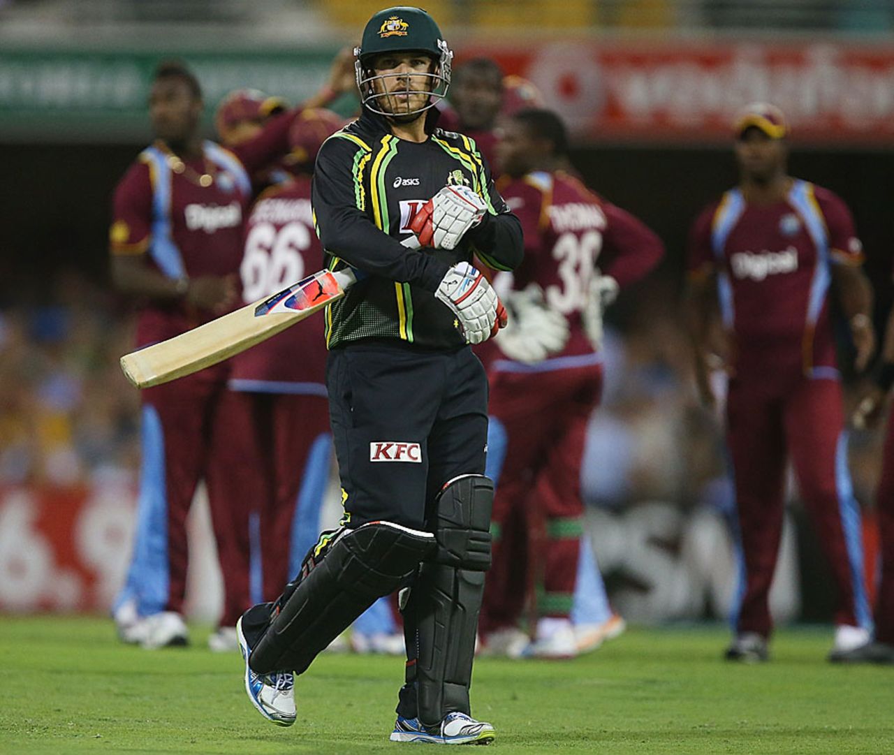 Aaron Finch was dismissed in the second over for 4, Australia v West Indies, only Twenty20, Brisbane, February 13, 2013