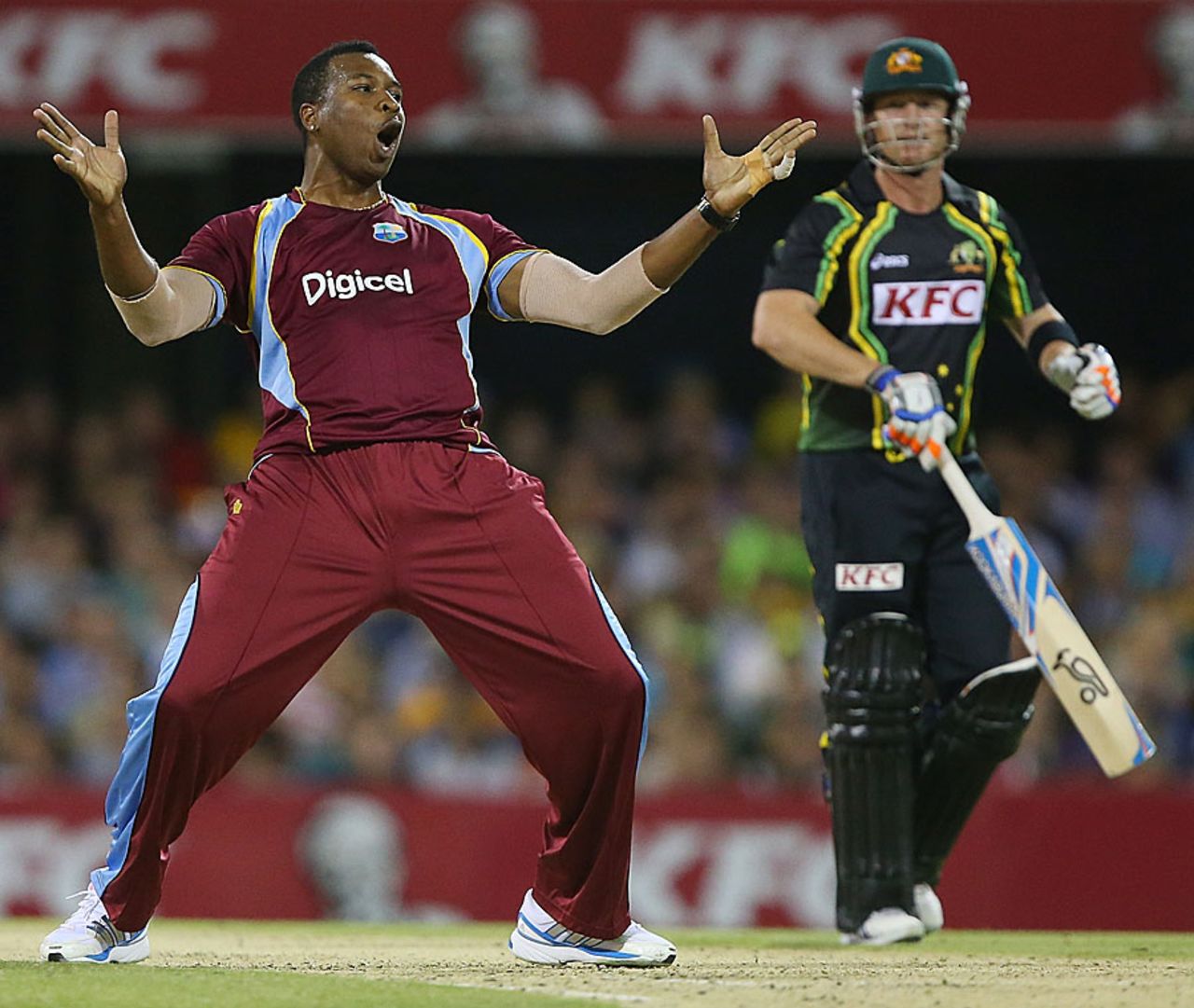 Kieron Pollard backed up his knock of 26 with three middle-order wickets, Australia v West Indies, only Twenty20, Brisbane, February 13, 2013