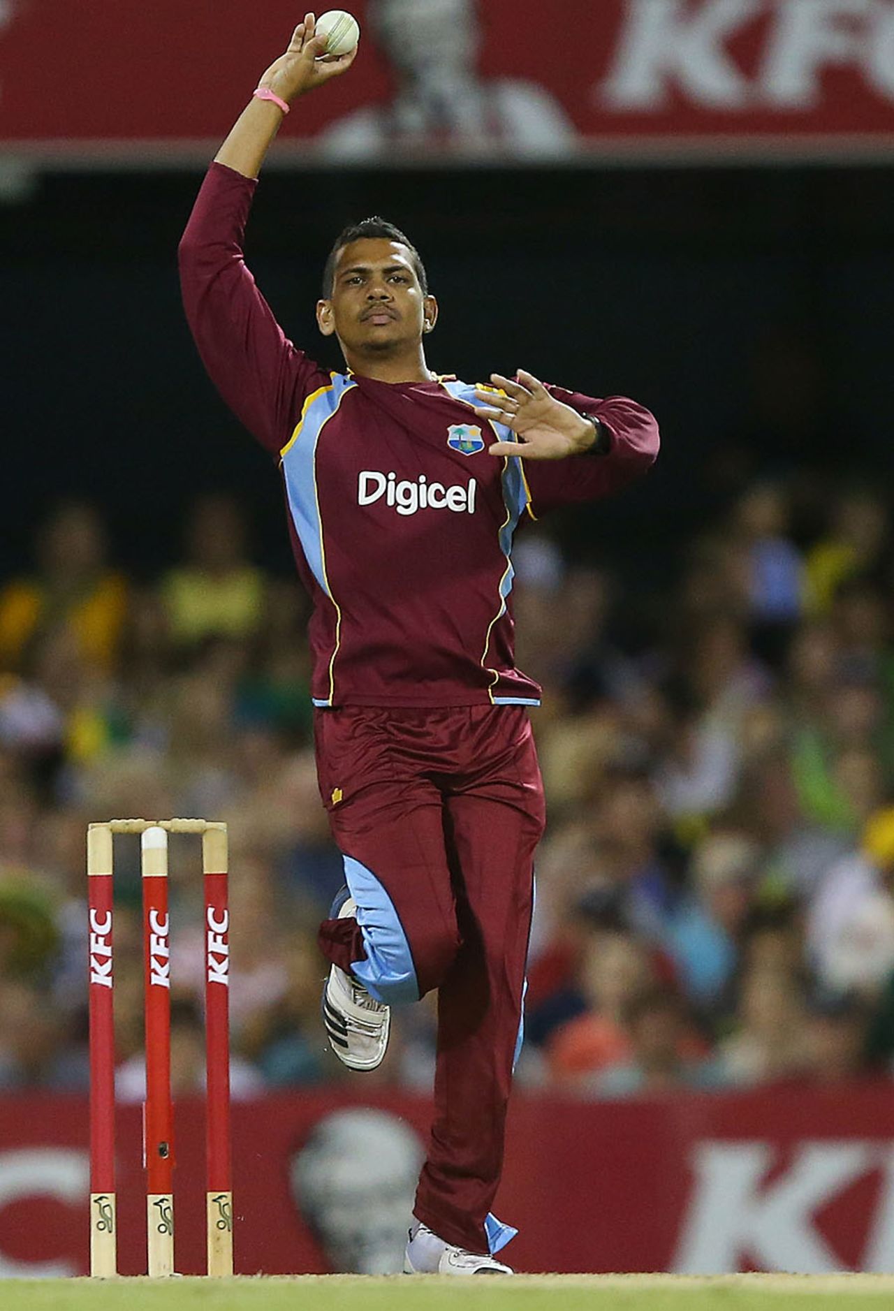Sunil Narine bowled an economical spell of 2 for 19, Australia v West Indies, only Twenty20, Brisbane, February 13, 2013