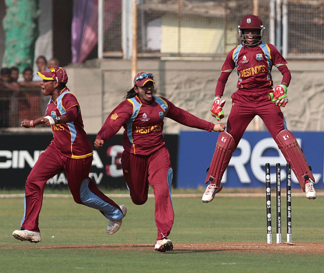 West Indies players react after defeating Australia to reach their first World Cup final, Australia v West Indies, Women's World Cup 2013, Super Six, Mumbai, February 13, 2013