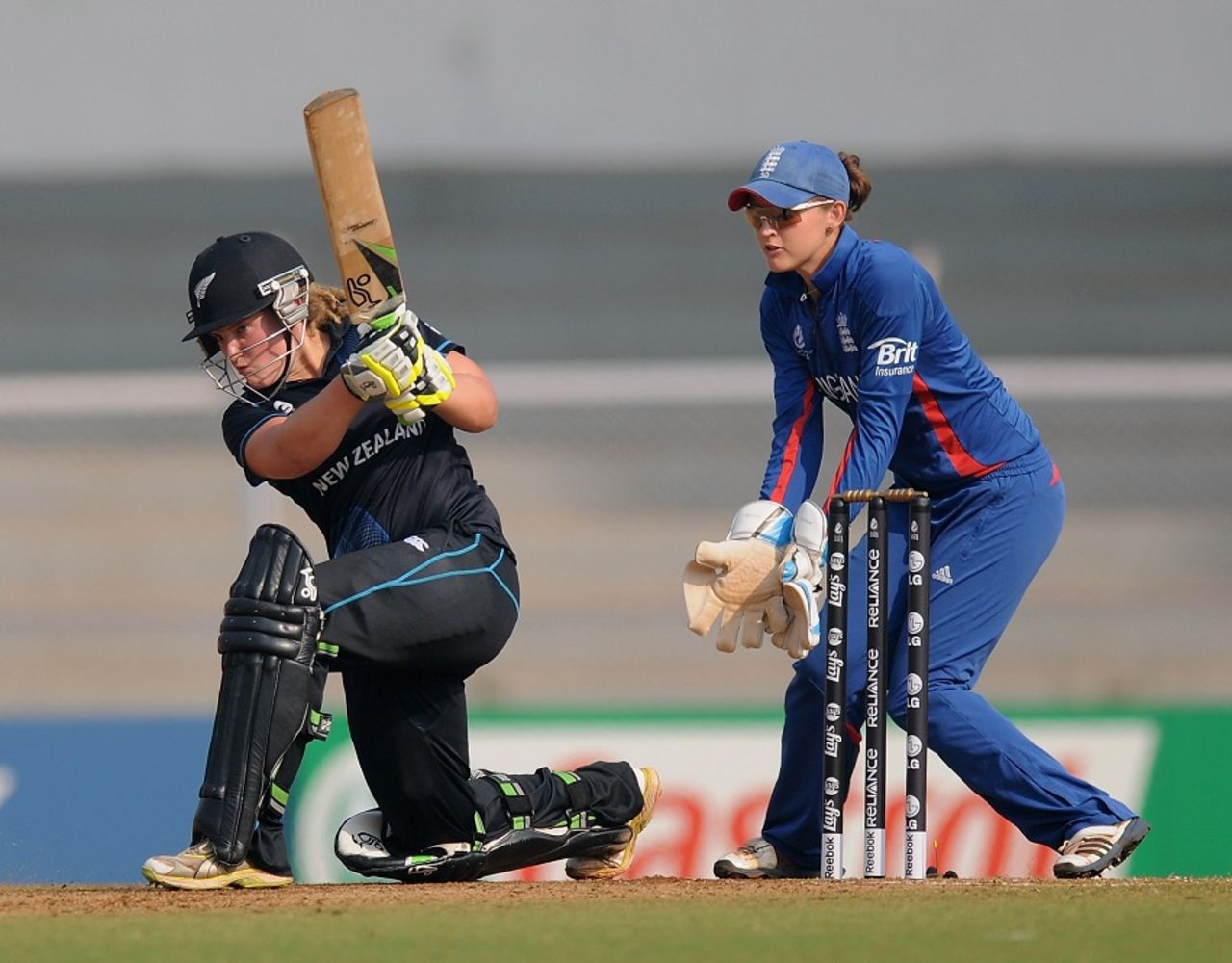 Frances Mackay drives one down the ground, England v New Zealand, Women's World Cup 2013, 3rd place play-off, Mumbai, February 15, 2013