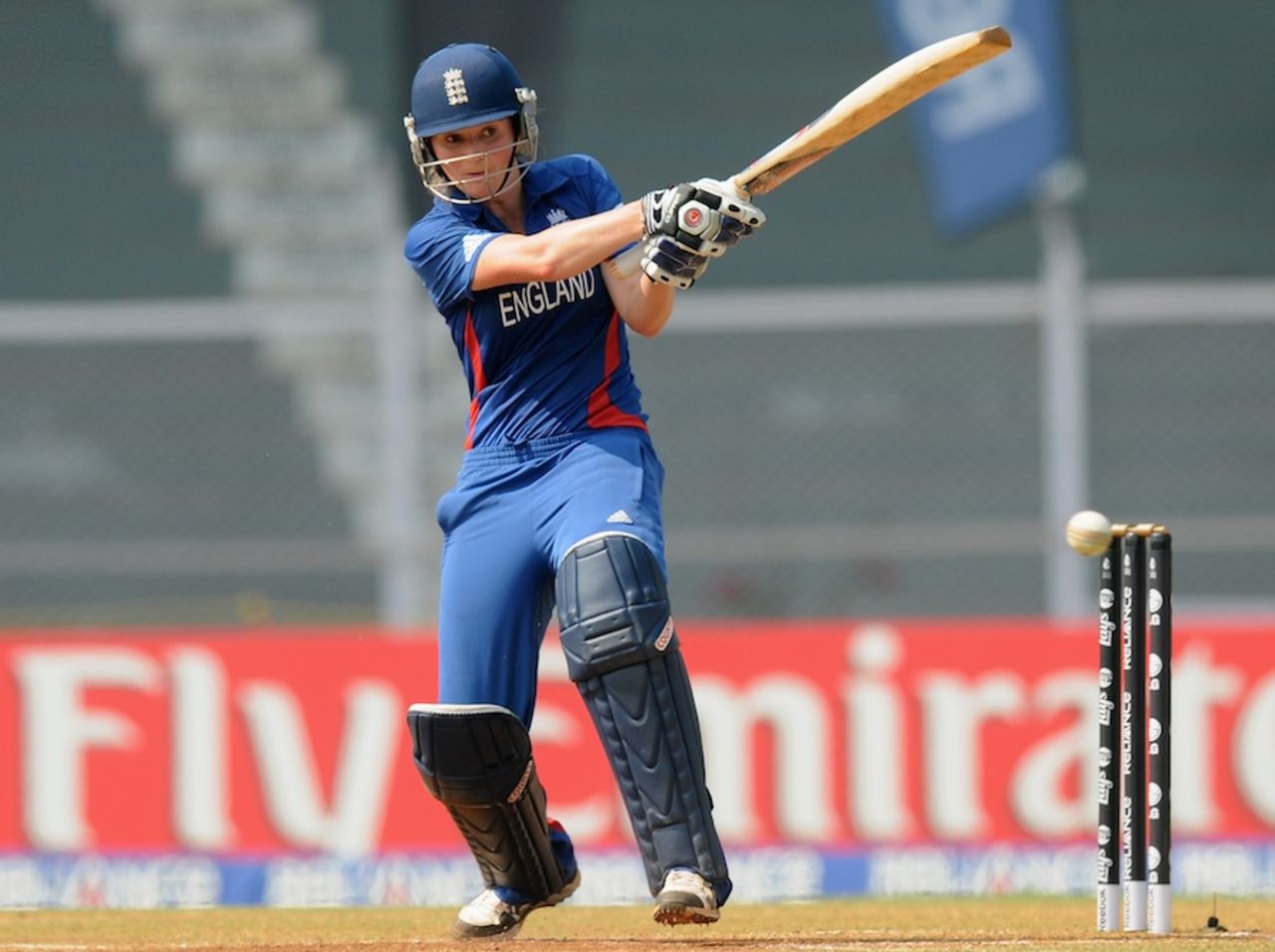 Charlotte Edwards pulls during her century, England v New Zealand, 3rd place playoff, Women's World Cup, Mumbai, February 15, 2013