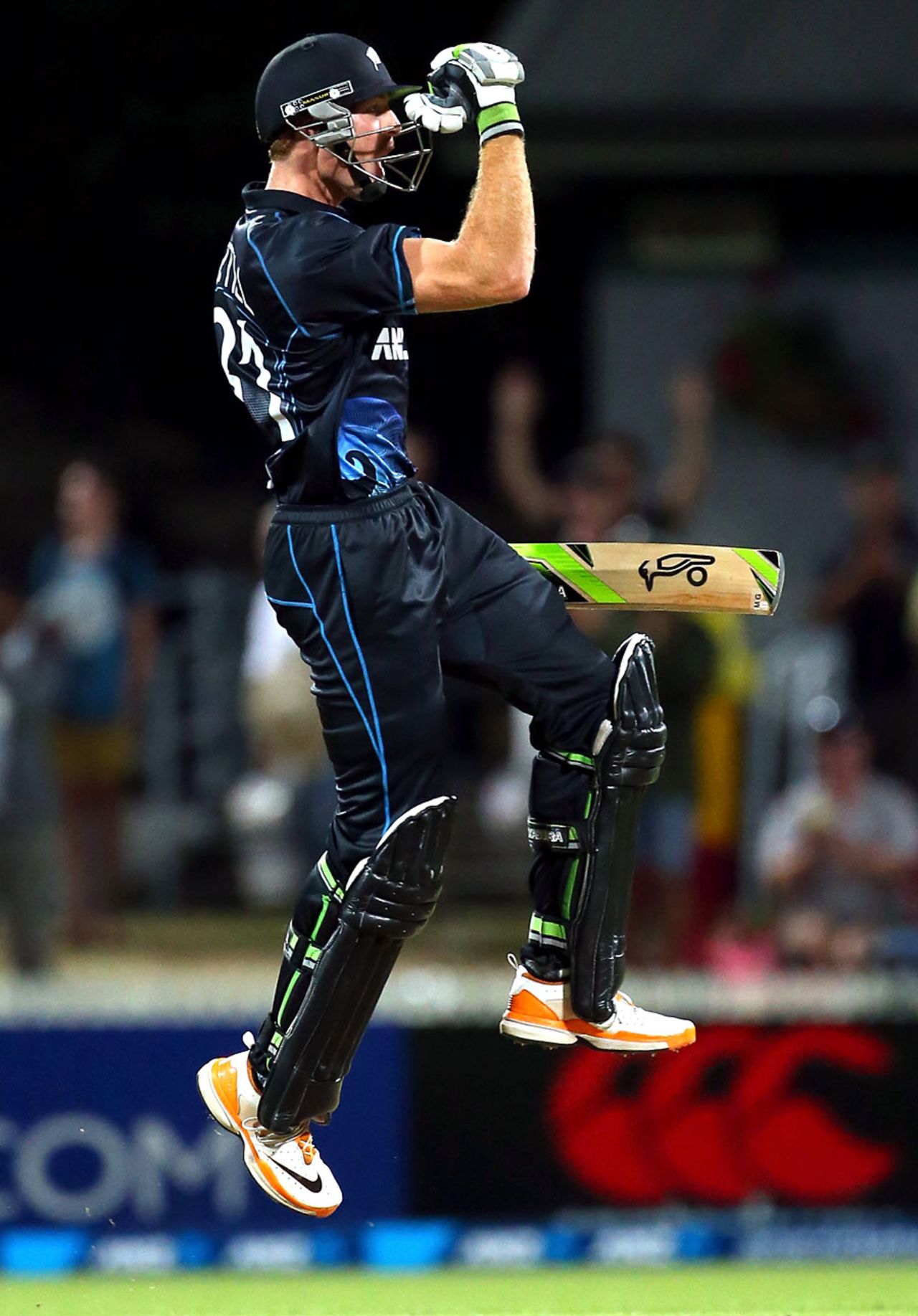 Martin Guptill celebrates the winning runs, New Zealand v England, 1st ODI, Hamilton, February 17, 2013
