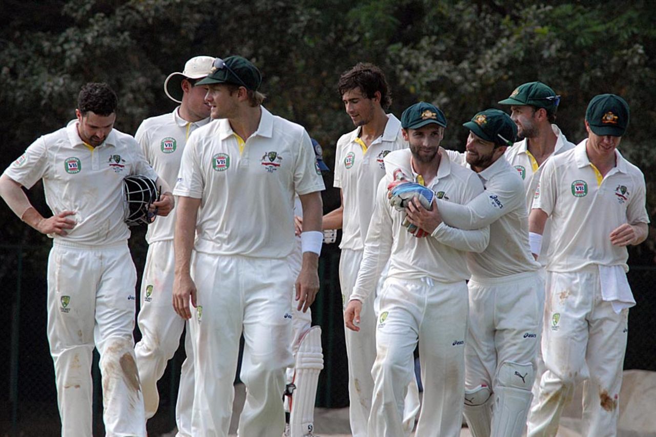 Australian celebrate a wicket picked up by Ashton Agar, India A v Australians, 2nd day, Chennai, February 17, 2013