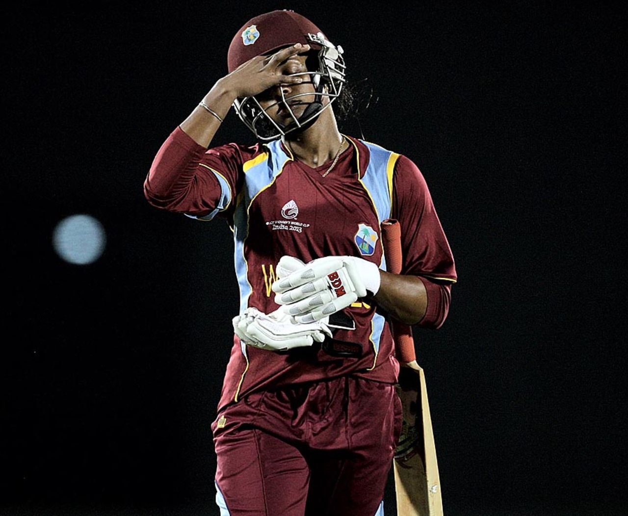 Merissa Aguilleira walks back after being bowled, Australia v West Indies, Final, Women's World Cup 2013, Mumbai, February 17, 2013