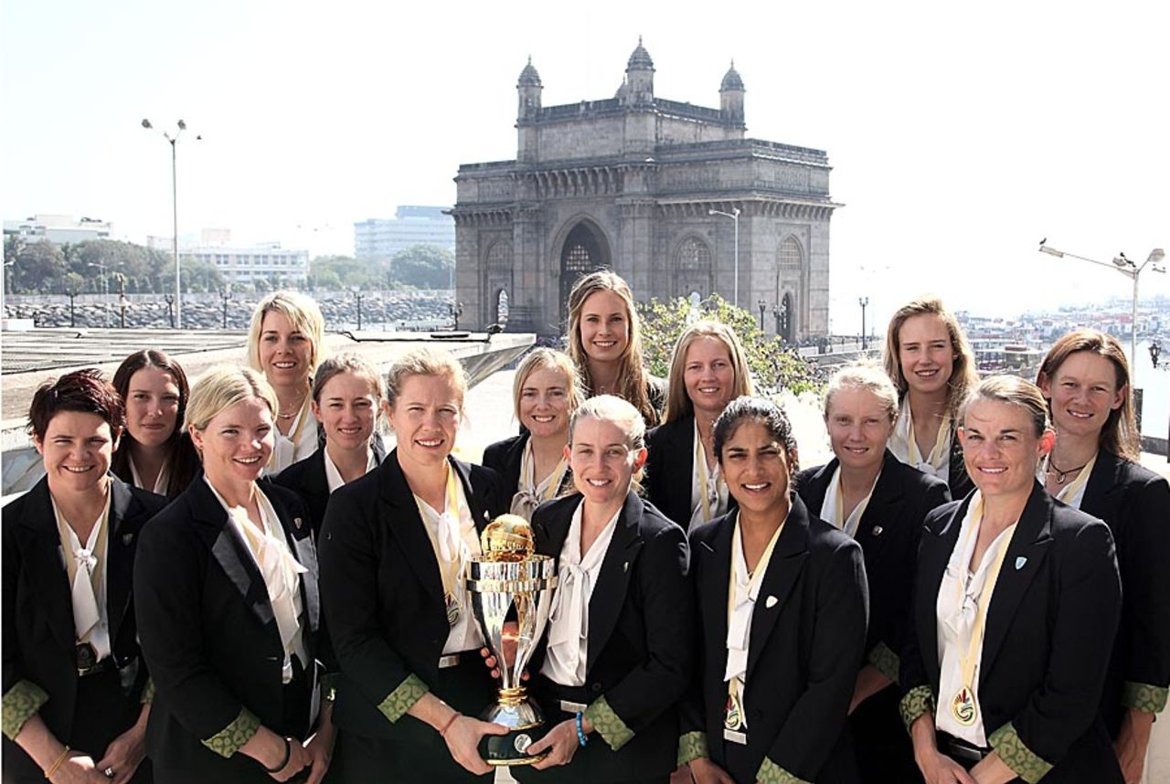 The Australian team with the World Cup trophy with the Gateway of India as a backdrop, Australia v West Indies, Final, Women's World Cup 2013, Mumbai, February 18, 2013