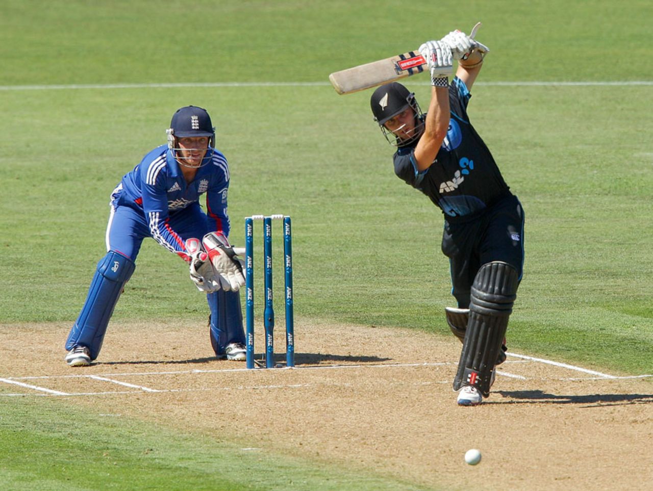 Kane Williamson drives during his innings of 33, New Zealand v England, 2nd ODI, Napier, February 20, 2013