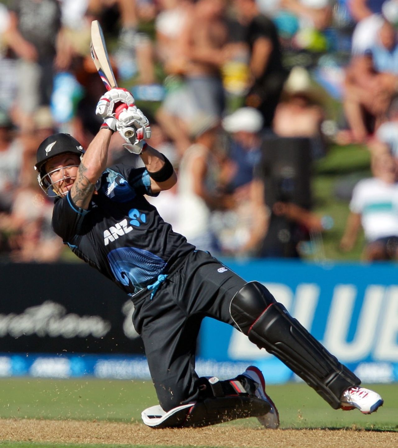 Brendon McCullum loses his footing while driving through off side, New Zealand v England, 2nd ODI, Napier, February 20, 2013