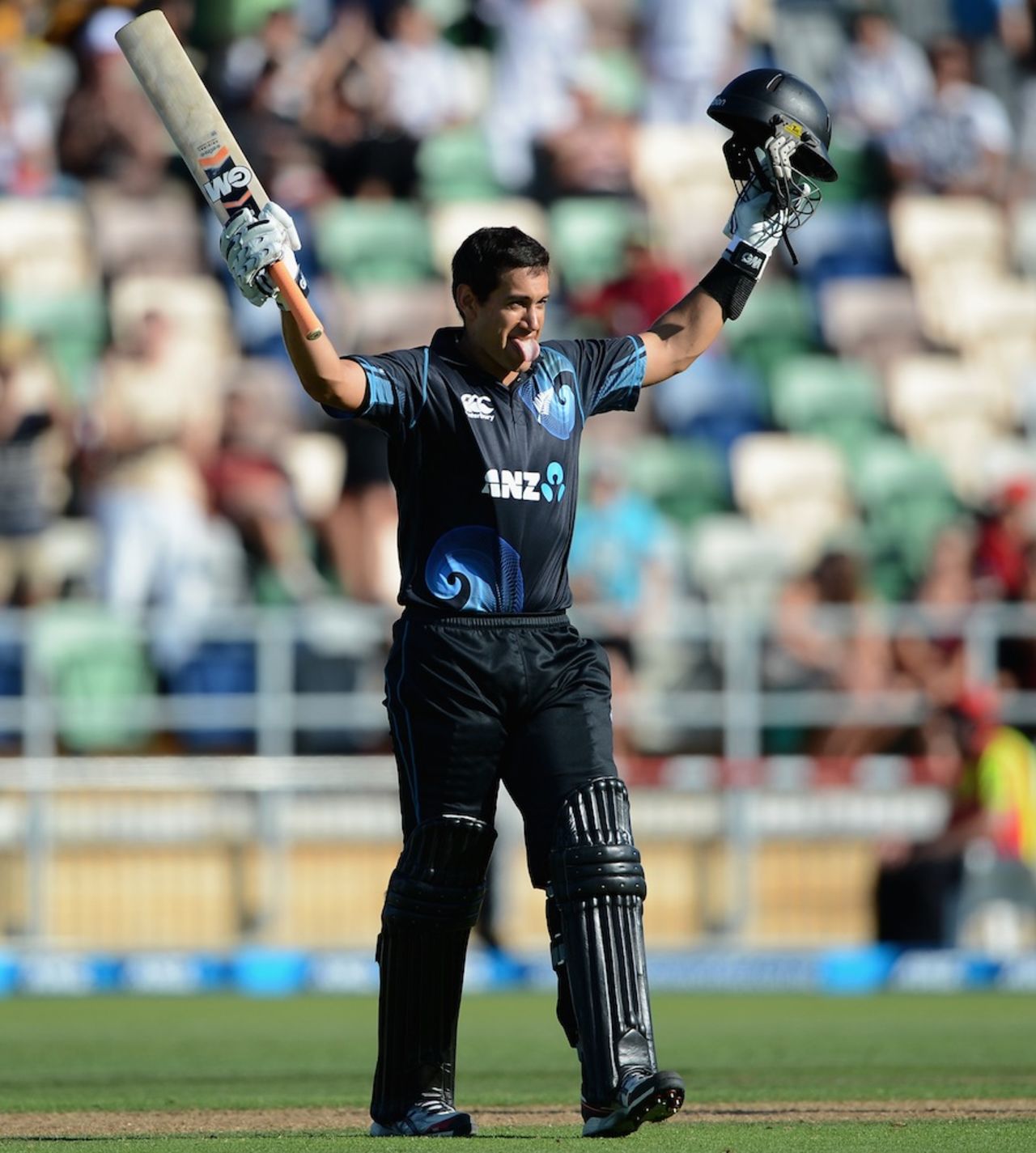 Ross Taylor raises his bat after completing his seventh ODI hundred New Zealand v England, 2nd ODI, Napier, February 20, 2013