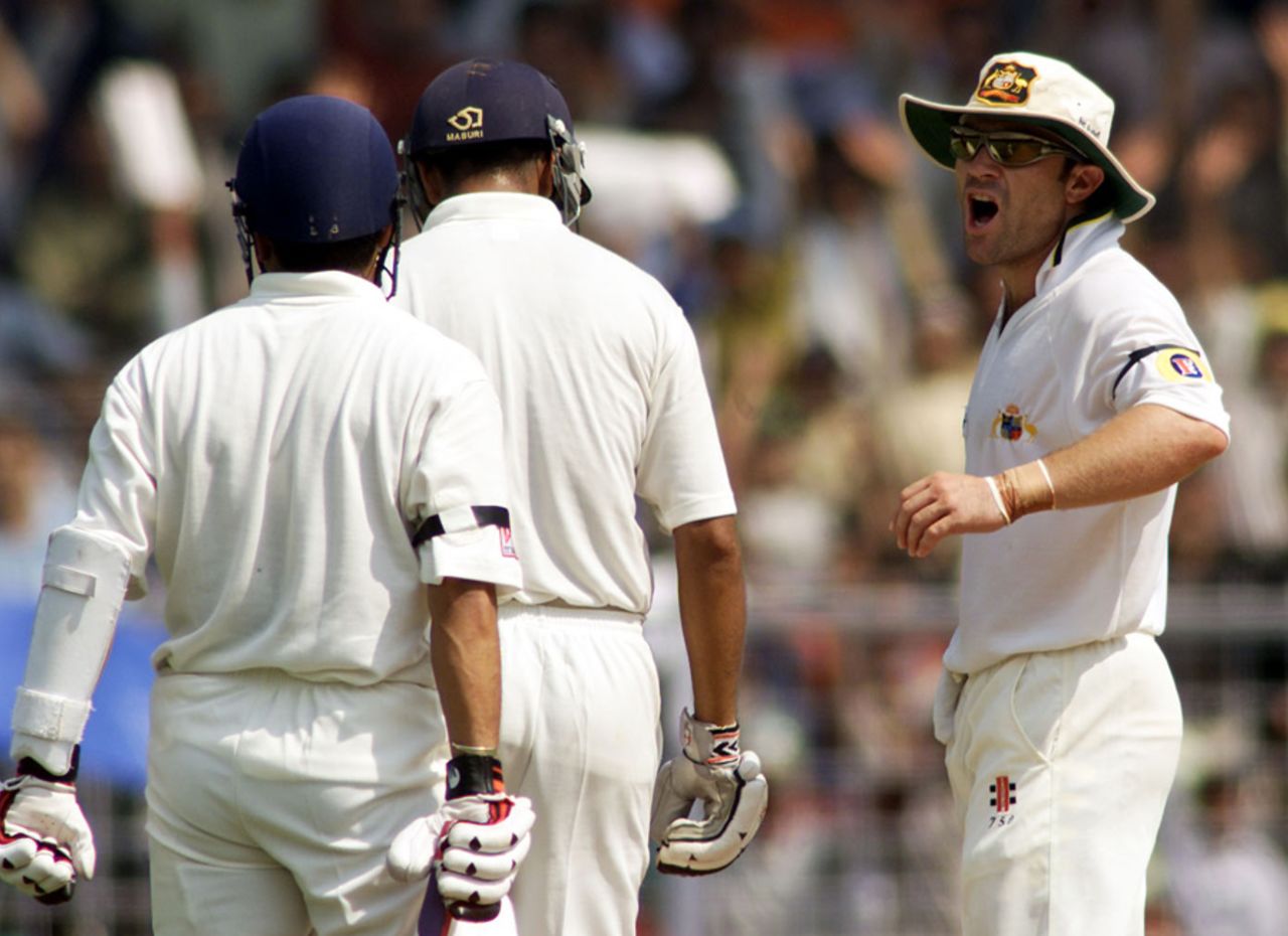 Michael Slater lashes out at Sachin Tendulkar and Rahul Dravid after a catch he claimed was not awarded, India v Australia, first Test, Mumbai, 1 March, 2001