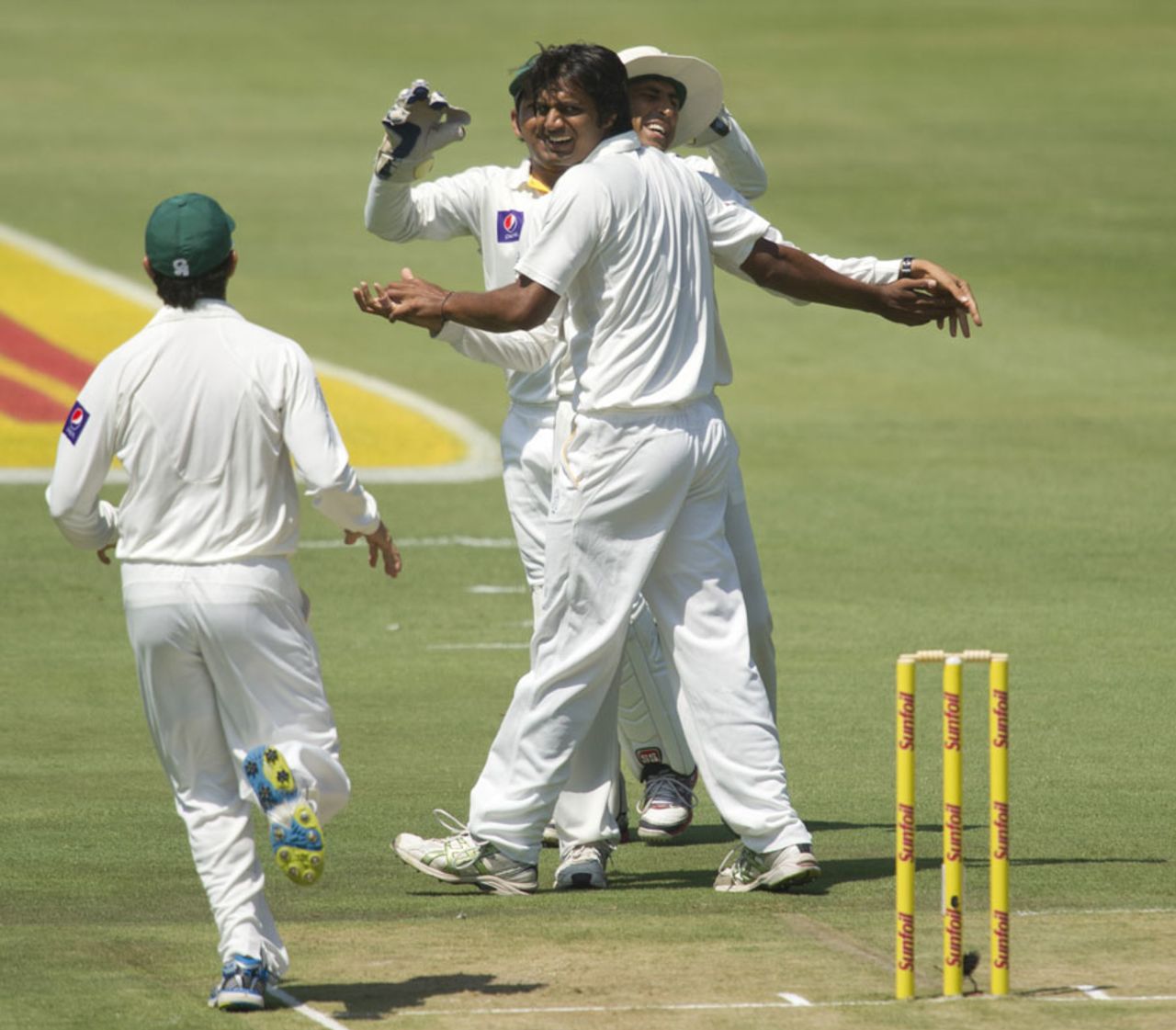 Rahat Ali celebrates his first wicket in Tests, South Africa v Pakistan, 3rd Test, Centurion, 1st day, February 22, 2013