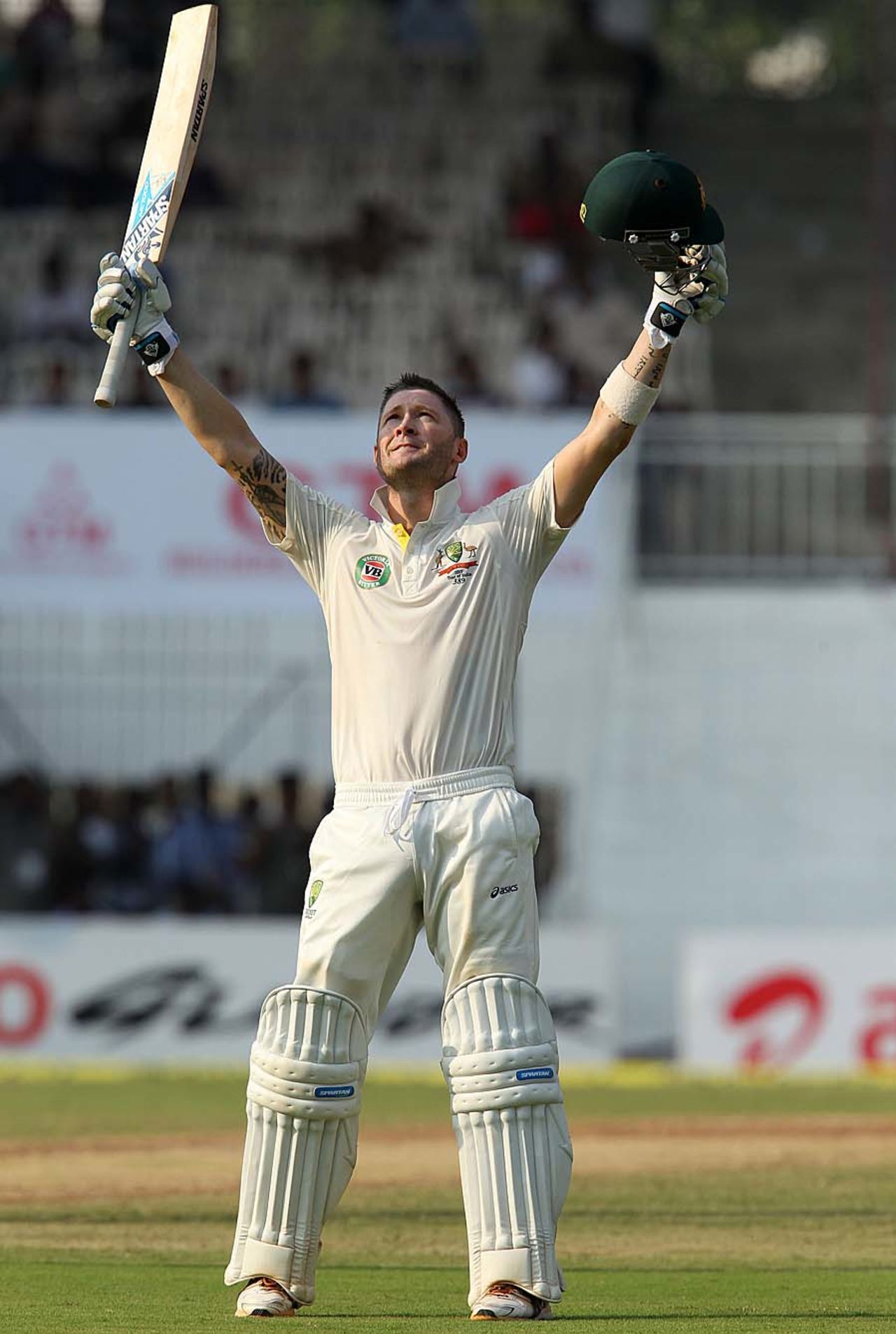 Michael Clarke celebrates his century off the final over of the day, India v Australia, 1st Test, Chennai, 1st day, February 22, 2013