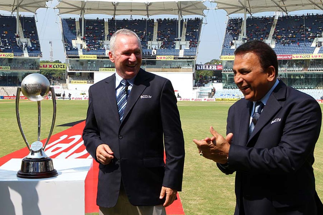 Sunil Gavaskar and Allan Border share a light moment during the tea break, India v Australia, 1st Test, Chennai, 1st day, February 22, 2013