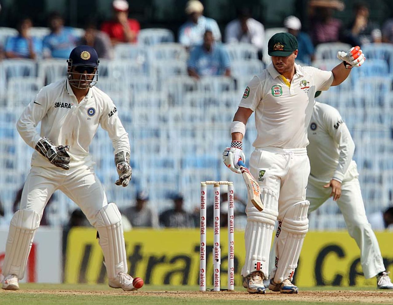 David Warner is hit on the hand by a delivery, India v Australia, 1st Test, Chennai, 1st day, February 22, 2013