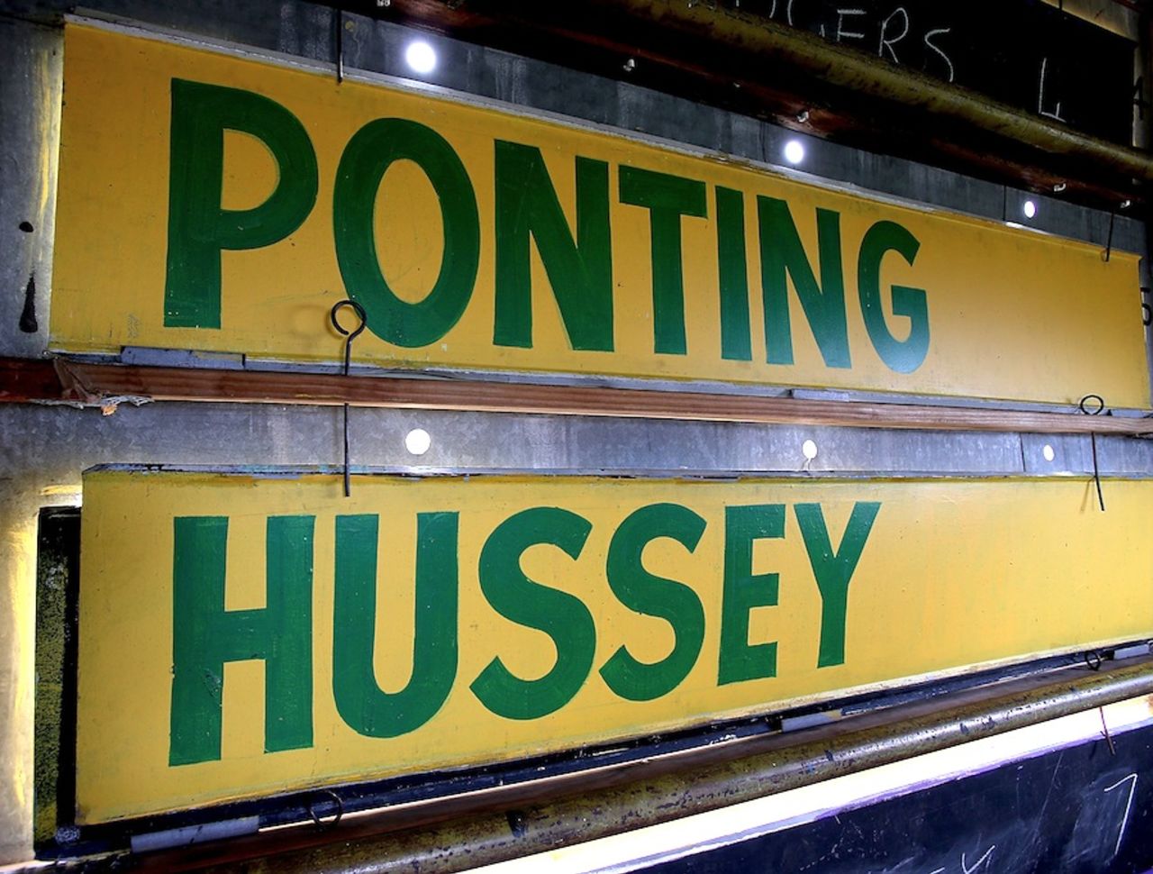 Ricky Ponting and Michael Hussey name plates inside WACA scoreboard, Western Australia v Tasmania, Sheffield Shield, Perth, February 22, 2013