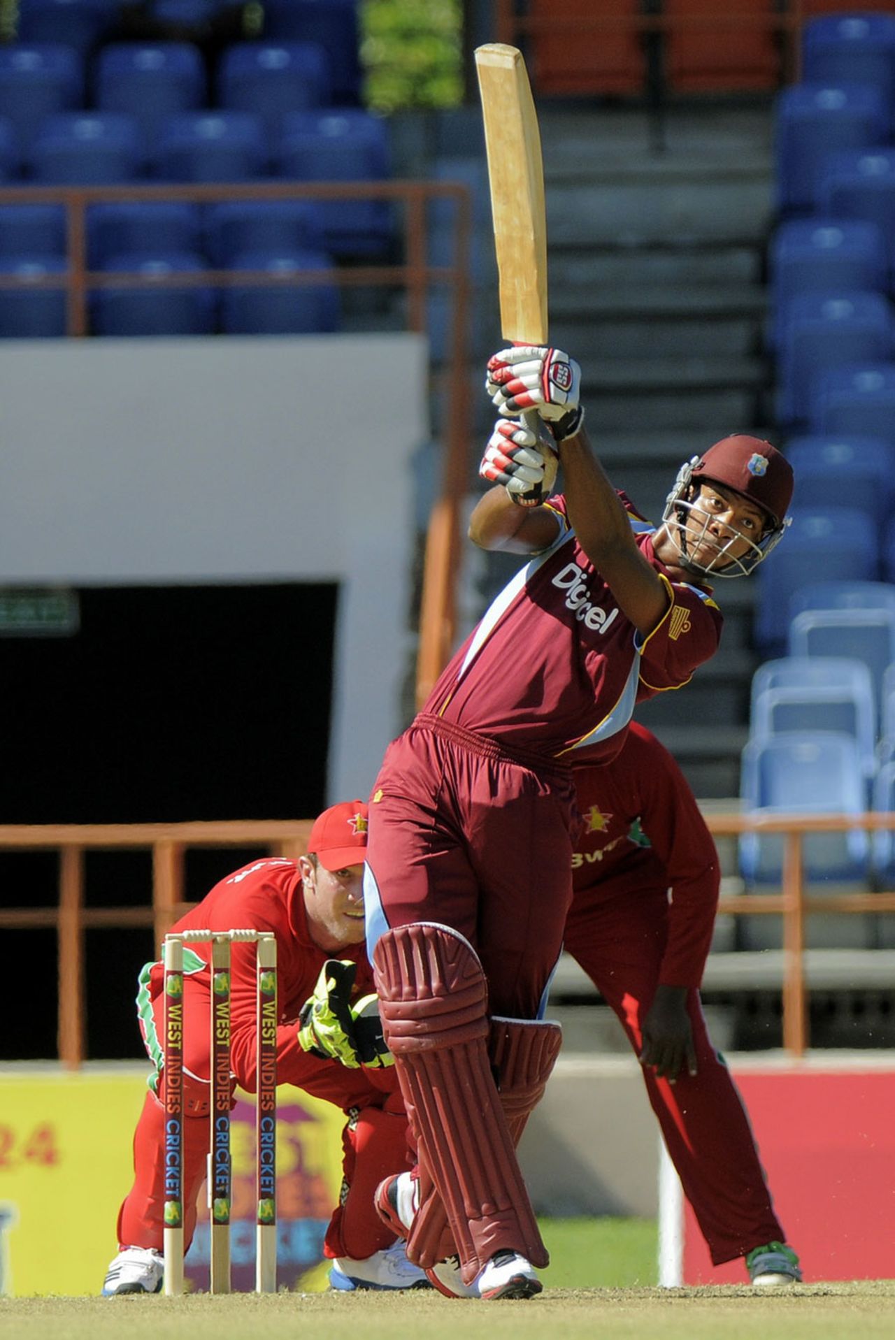 Kieran Powell launches during his 79, West Indies v Zimbabwe, 1st ODI, Grenada, February 22, 2013