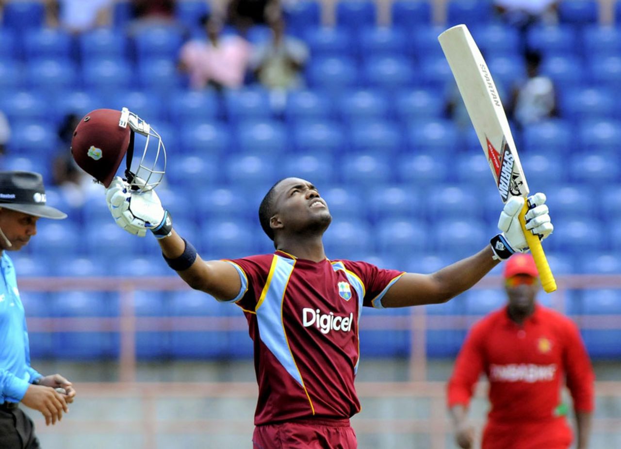 Darren Bravo looks to the sky after completing his maiden ODI century, West Indies v Zimbabwe, 1st ODI, Grenada, February 22, 2013