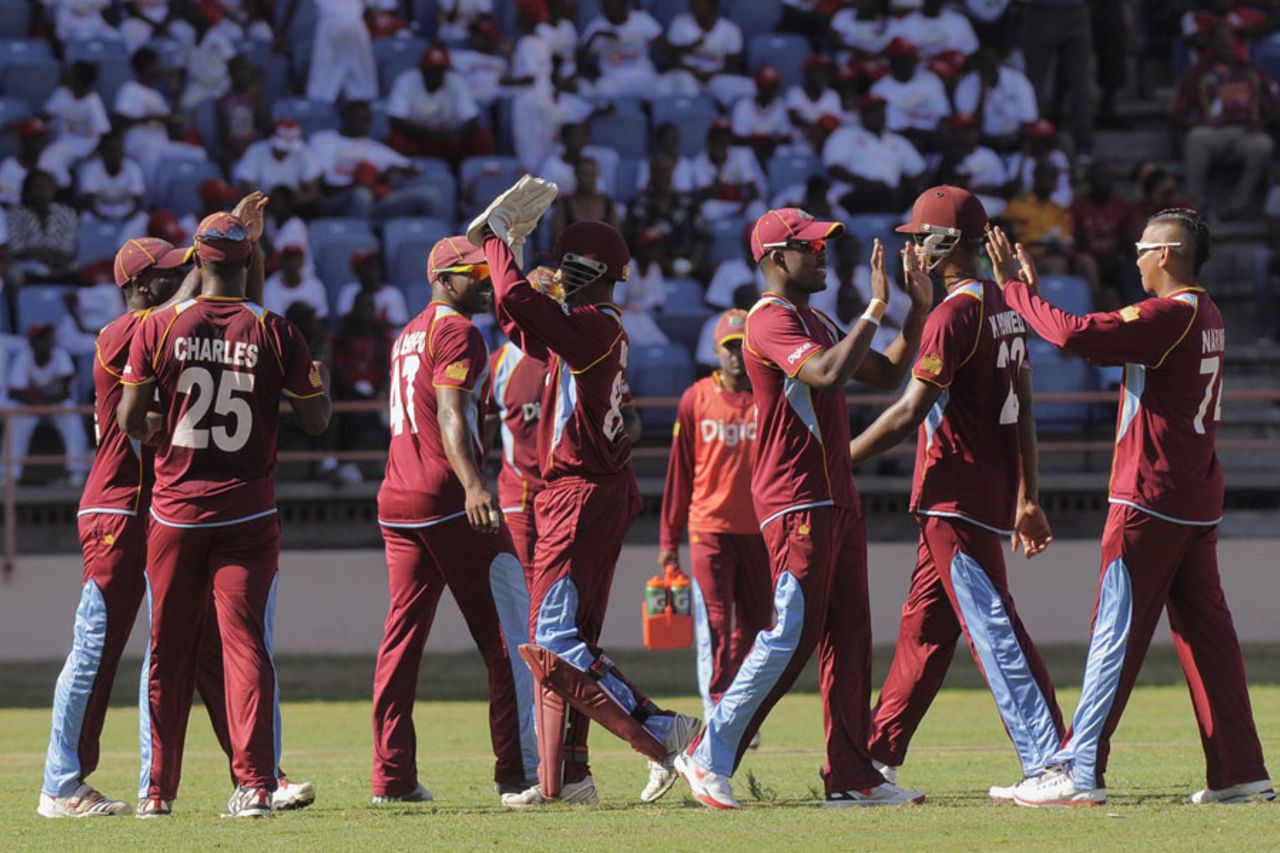 West Indies celebrate a wicket on their way to a comprehensive win, West Indies v Zimbabwe, 1st ODI, Grenada, February 22, 2013