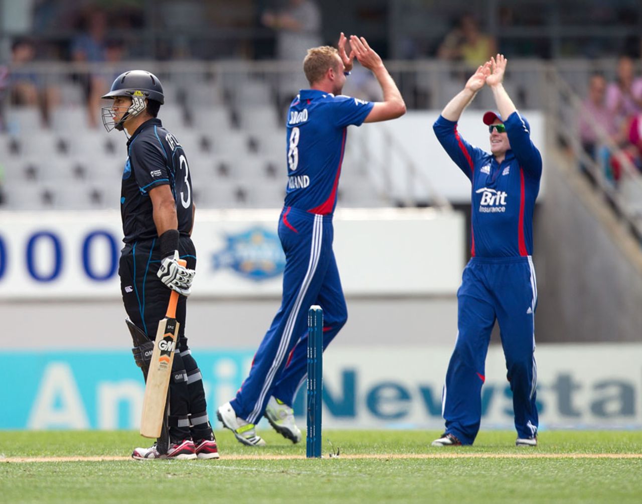 Stuart Broad celebrates after having Ross Taylor caught behind, New Zealand v England, 3rd ODI, Auckland, February 23, 2013